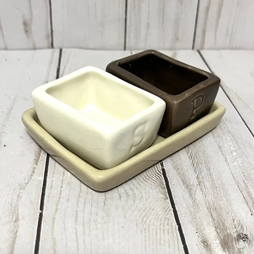 Pottery Barn Salt and Pepper Cellars Crocks with Tray Barbara Eigen